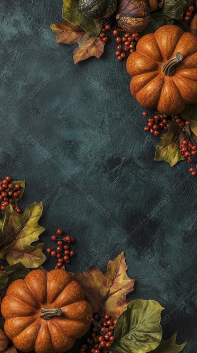 Decoração Outonal com Abóboras, Folhagens e Bagas Vermelhas sobre Fundo Verde com Copy Space