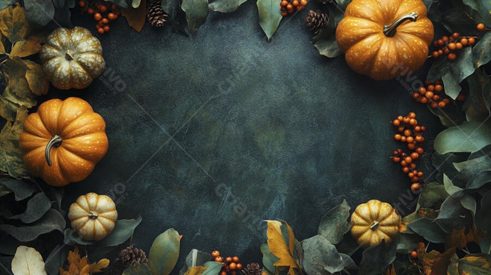Decoração Outonal com Abóboras, Folhagens e Bagas Vermelhas sobre Fundo Verde com Copy Space
