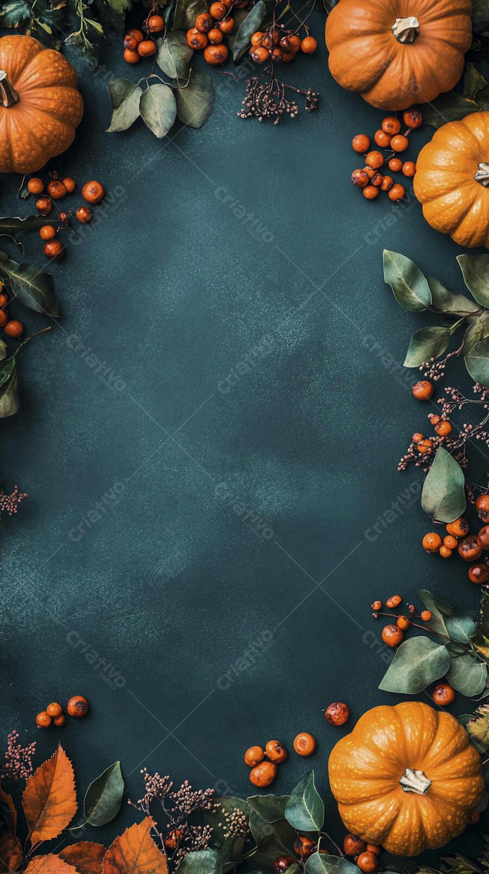 Decoração Outonal com Abóboras, Folhagens e Bagas Vermelhas sobre Fundo Verde com Copy Space