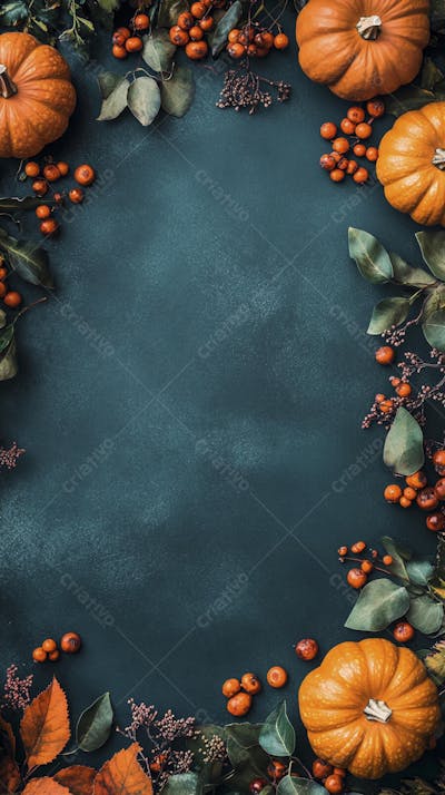 Decoração Outonal com Abóboras, Folhagens e Bagas Vermelhas sobre Fundo Verde com Copy Space