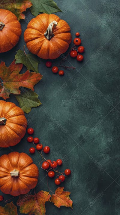 Decoração Outonal com Abóboras, Folhagens e Bagas Vermelhas sobre Fundo Verde com Copy Space