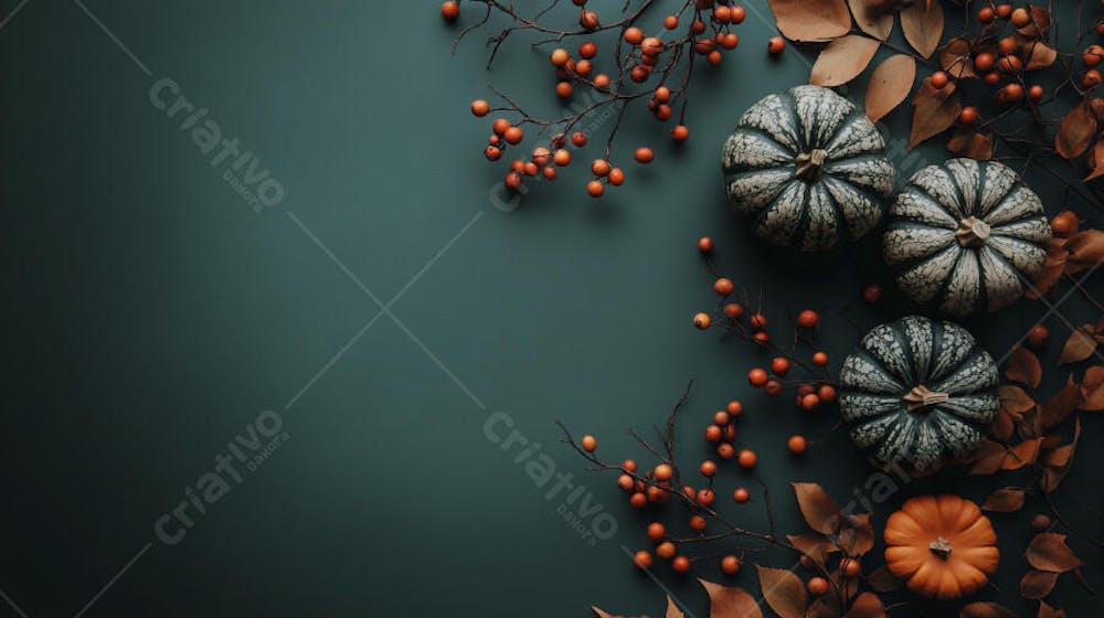Decoração Outonal com Abóboras, Folhagens e Bagas Vermelhas sobre Fundo Verde com Copy Space