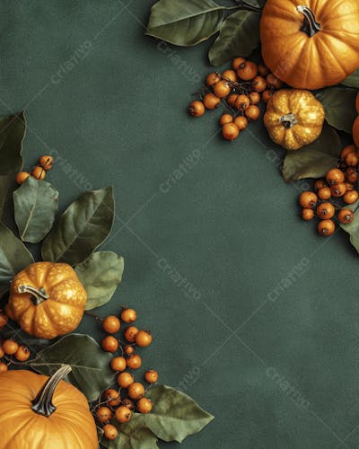 Decoração Outonal com Abóboras, Folhagens e Bagas Vermelhas sobre Fundo Verde com Copy Space