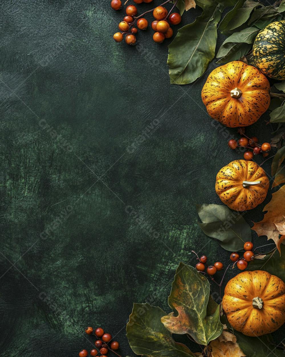 Decoração Outonal com Abóboras, Folhagens e Bagas Vermelhas sobre Fundo Verde com Copy Space