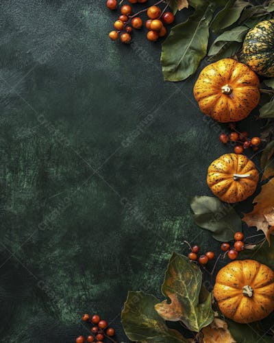 Decoração Outonal com Abóboras, Folhagens e Bagas Vermelhas sobre Fundo Verde com Copy Space