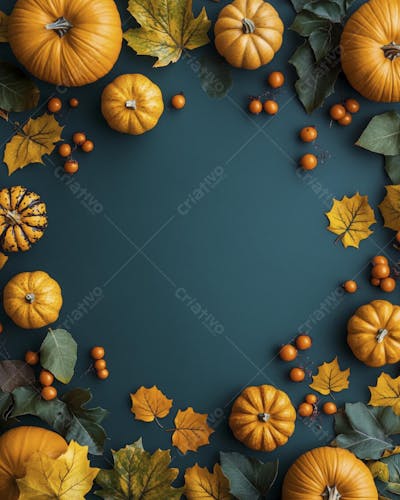 Decoração Outonal com Abóboras, Folhagens e Bagas Vermelhas sobre Fundo Verde com Copy Space