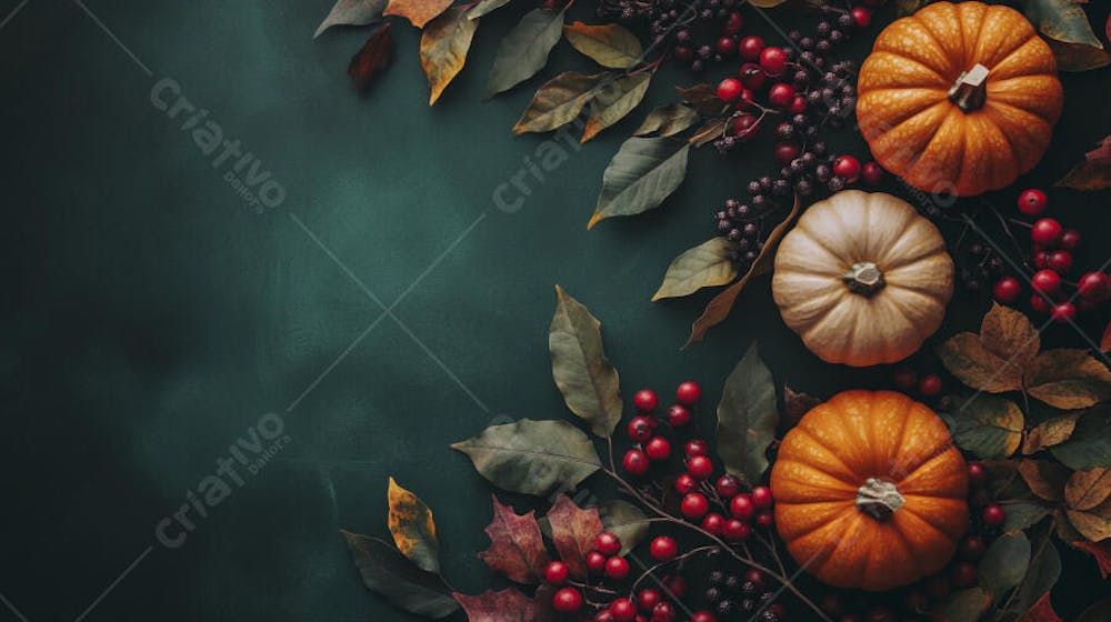 Decoração Outonal com Abóboras, Folhagens e Bagas Vermelhas sobre Fundo Verde com Copy Space