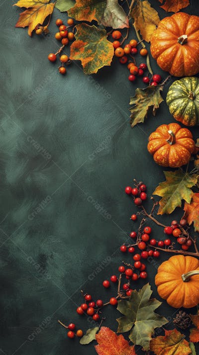 Decoração Outonal com Abóboras, Folhagens e Bagas Vermelhas sobre Fundo Verde com Copy Space