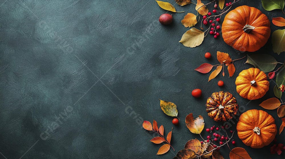 Decoração Outonal com Abóboras, Folhagens e Bagas Vermelhas sobre Fundo Verde com Copy Space