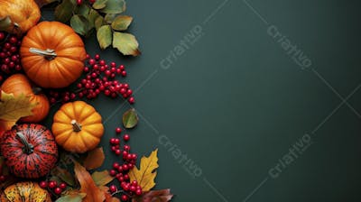 Decoração Outonal com Abóboras, Folhagens e Bagas Vermelhas sobre Fundo Verde com Copy Space