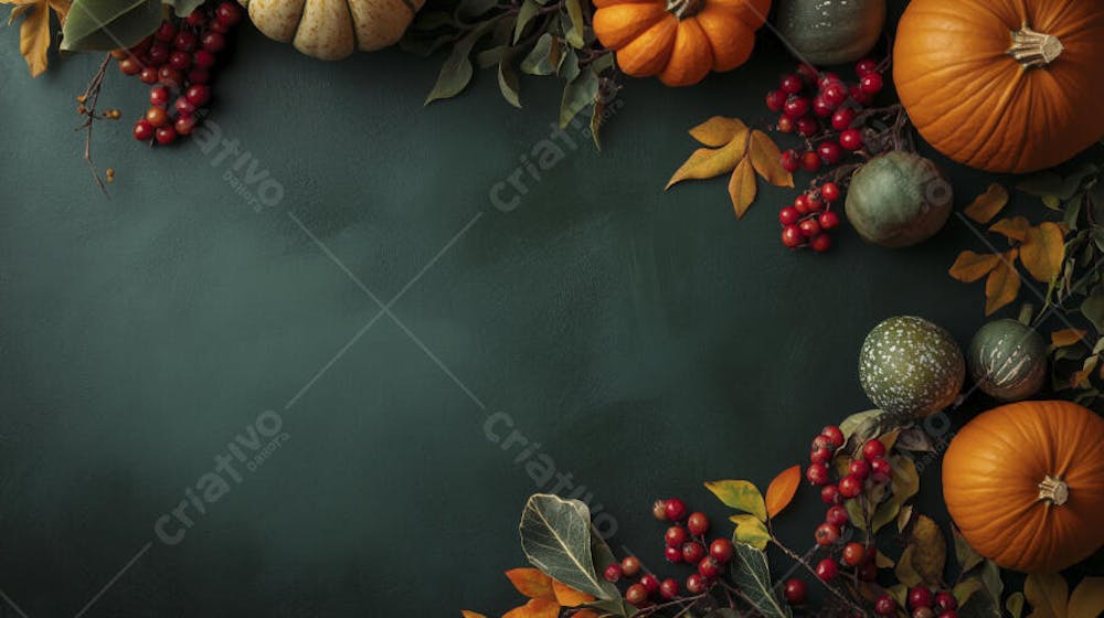 Decoração Outonal com Abóboras, Folhagens e Bagas Vermelhas sobre Fundo Verde com Copy Space