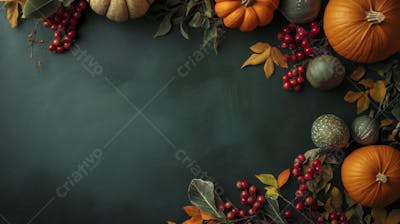 Decoração Outonal com Abóboras, Folhagens e Bagas Vermelhas sobre Fundo Verde com Copy Space