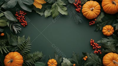 Decoração Outonal com Abóboras, Folhagens e Bagas Vermelhas sobre Fundo Verde com Copy Space