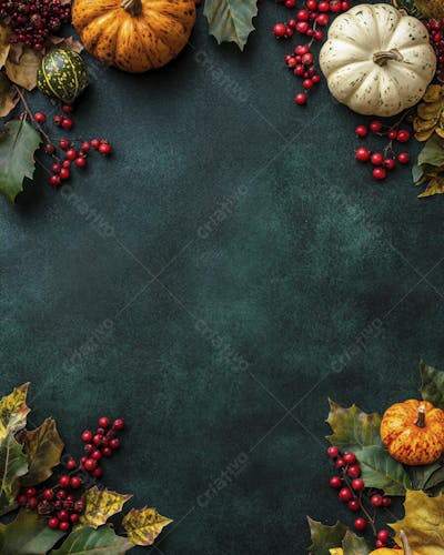 Decoração Outonal com Abóboras, Folhagens e Bagas Vermelhas sobre Fundo Verde com Copy Space