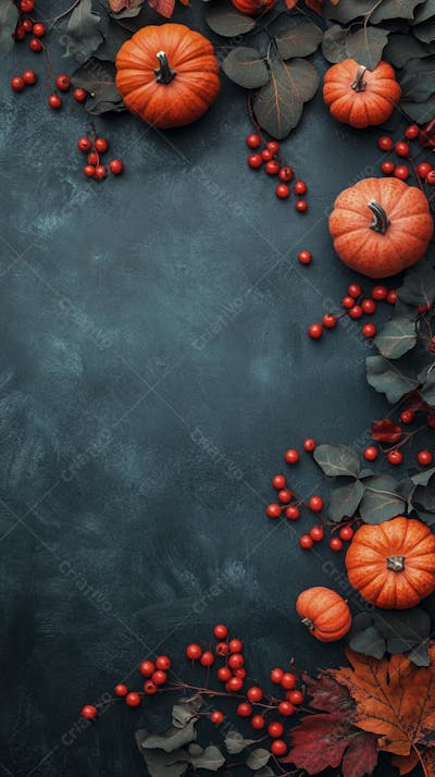 Decoração Outonal com Abóboras, Folhagens e Bagas Vermelhas sobre Fundo Verde com Copy Space