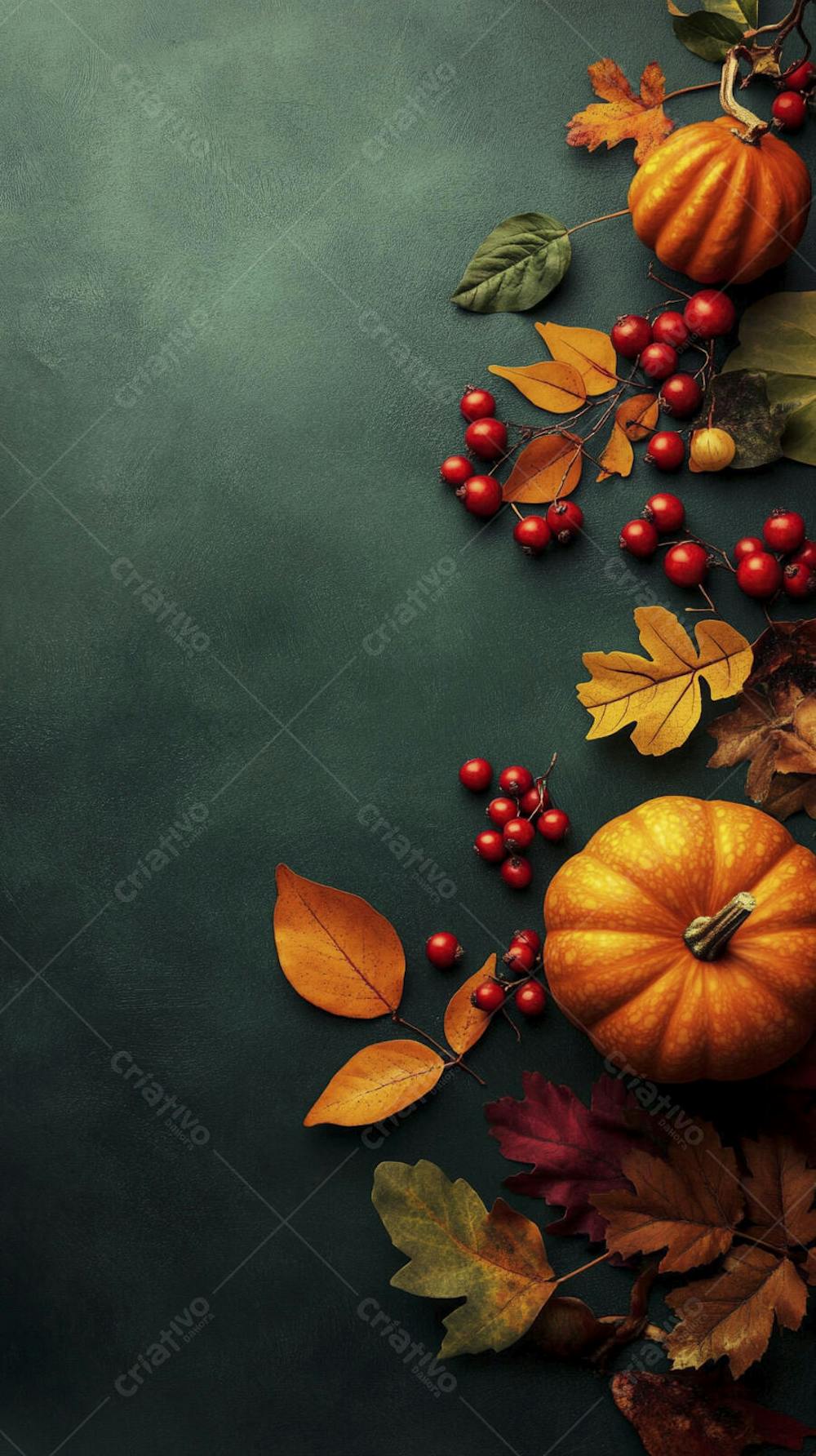 Decoração Outonal com Abóboras, Folhagens e Bagas Vermelhas sobre Fundo Verde com Copy Space