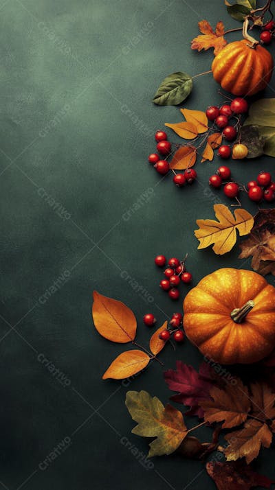 Decoração Outonal com Abóboras, Folhagens e Bagas Vermelhas sobre Fundo Verde com Copy Space
