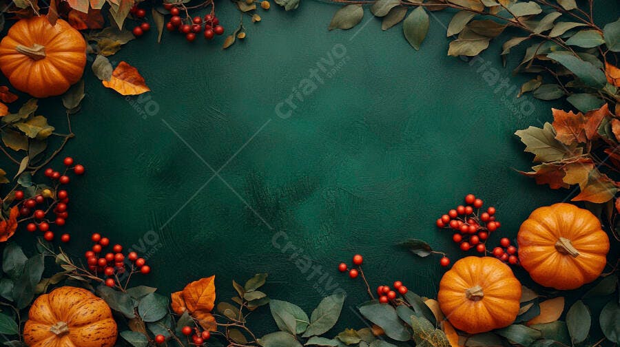 Abóbora e folhas outono fundo verde