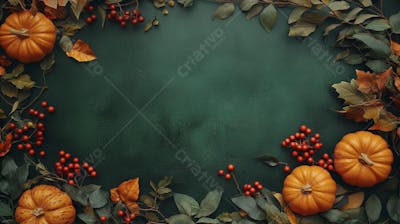 Decoração Outonal com Abóboras, Folhagens e Bagas Vermelhas sobre Fundo Verde com Copy Space