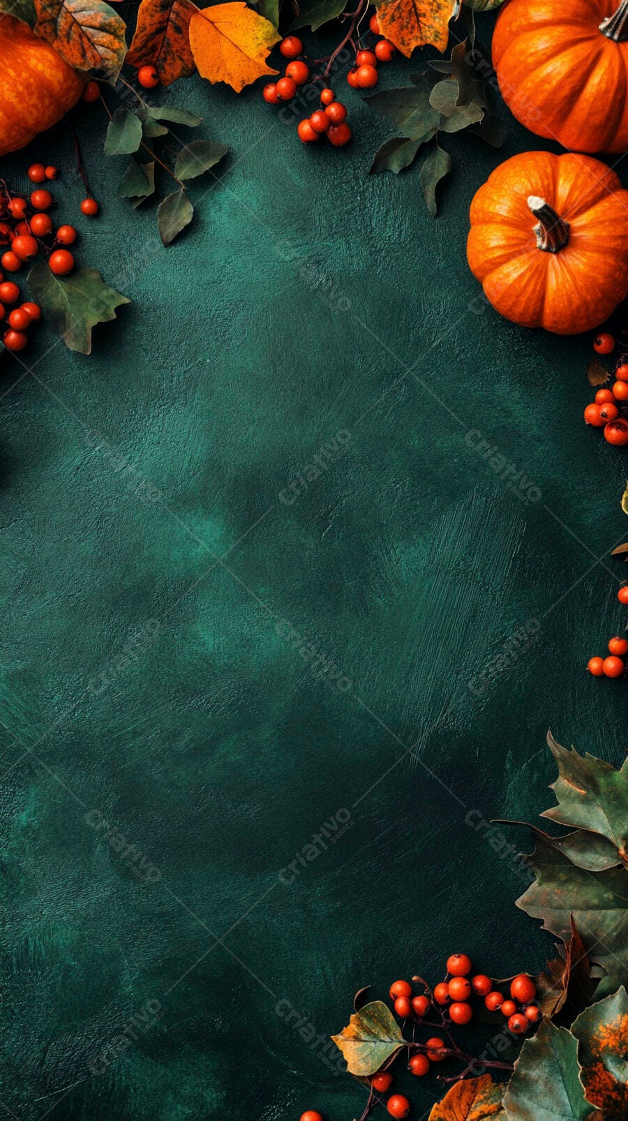 Abóbora e folhas de outono fundo verde