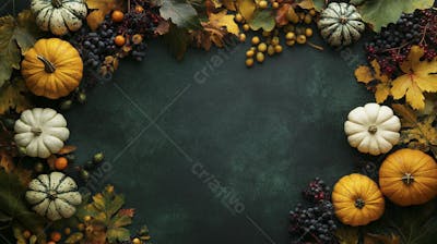 Decoração Outonal com Abóboras, Folhagens e Bagas Vermelhas sobre Fundo Verde com Copy Space