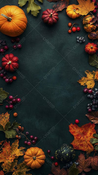 Decoração Outonal com Abóboras, Folhagens e Bagas Vermelhas sobre Fundo Verde com Copy Space