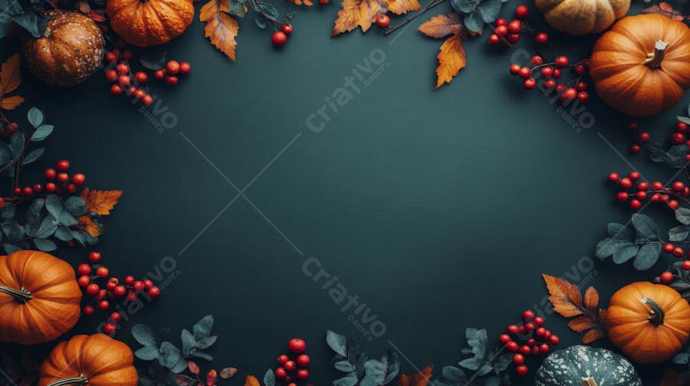 Decoração Outonal com Abóboras, Folhagens e Bagas Vermelhas sobre Fundo Verde com Copy Space