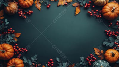 Decoração Outonal com Abóboras, Folhagens e Bagas Vermelhas sobre Fundo Verde com Copy Space