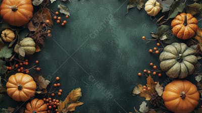 Decoração Outonal com Abóboras, Folhagens e Bagas Vermelhas sobre Fundo Verde com Copy Space