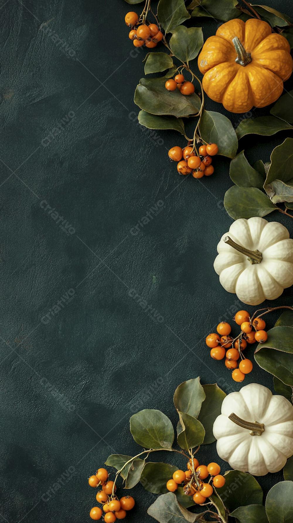 Decoração Outonal com Abóboras, Folhagens e Bagas Vermelhas sobre Fundo Verde com Copy Space