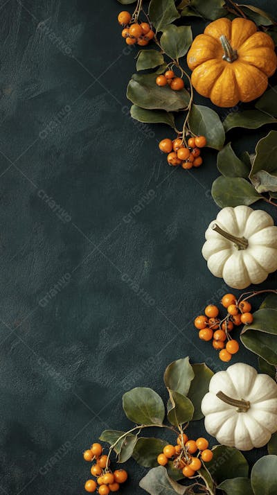 Decoração Outonal com Abóboras, Folhagens e Bagas Vermelhas sobre Fundo Verde com Copy Space