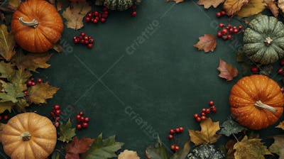 Decoração Outonal com Abóboras, Folhagens e Bagas Vermelhas sobre Fundo Verde com Copy Space