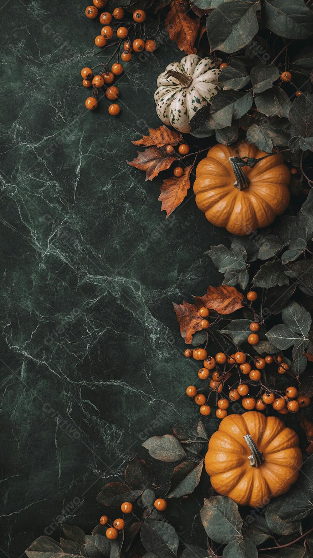 Decoração Outonal com Abóboras, Folhagens e Bagas Vermelhas sobre Fundo Verde com Copy Space