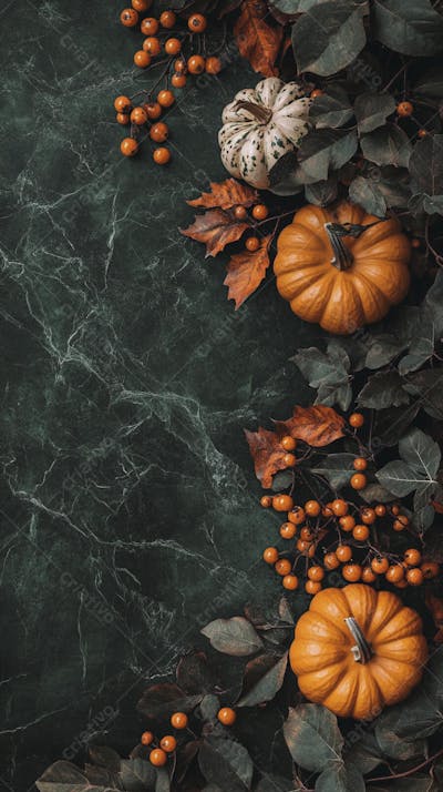 Decoração Outonal com Abóboras, Folhagens e Bagas Vermelhas sobre Fundo Verde com Copy Space