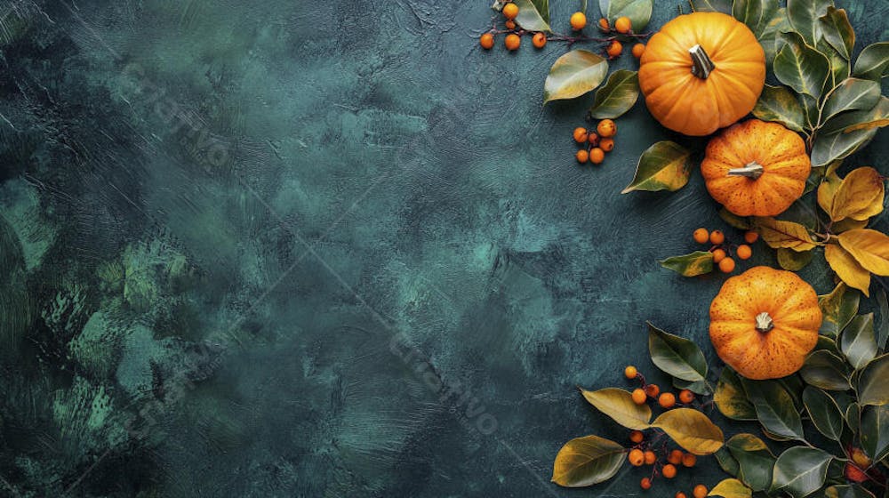 Decoração Outonal com Abóboras, Folhagens e Bagas Vermelhas sobre Fundo Verde com Copy Space