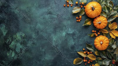 Decoração Outonal com Abóboras, Folhagens e Bagas Vermelhas sobre Fundo Verde com Copy Space