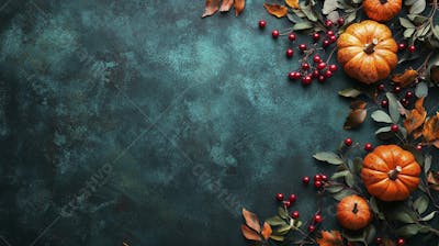 Decoração Outonal com Abóboras, Folhagens e Bagas Vermelhas sobre Fundo Verde com Copy Space