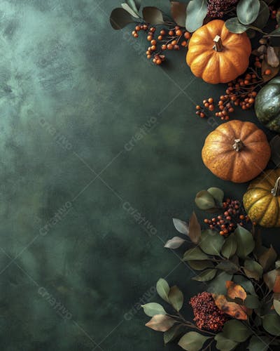 Decoração Outonal com Abóboras, Folhagens e Bagas Vermelhas sobre Fundo Verde com Copy Space