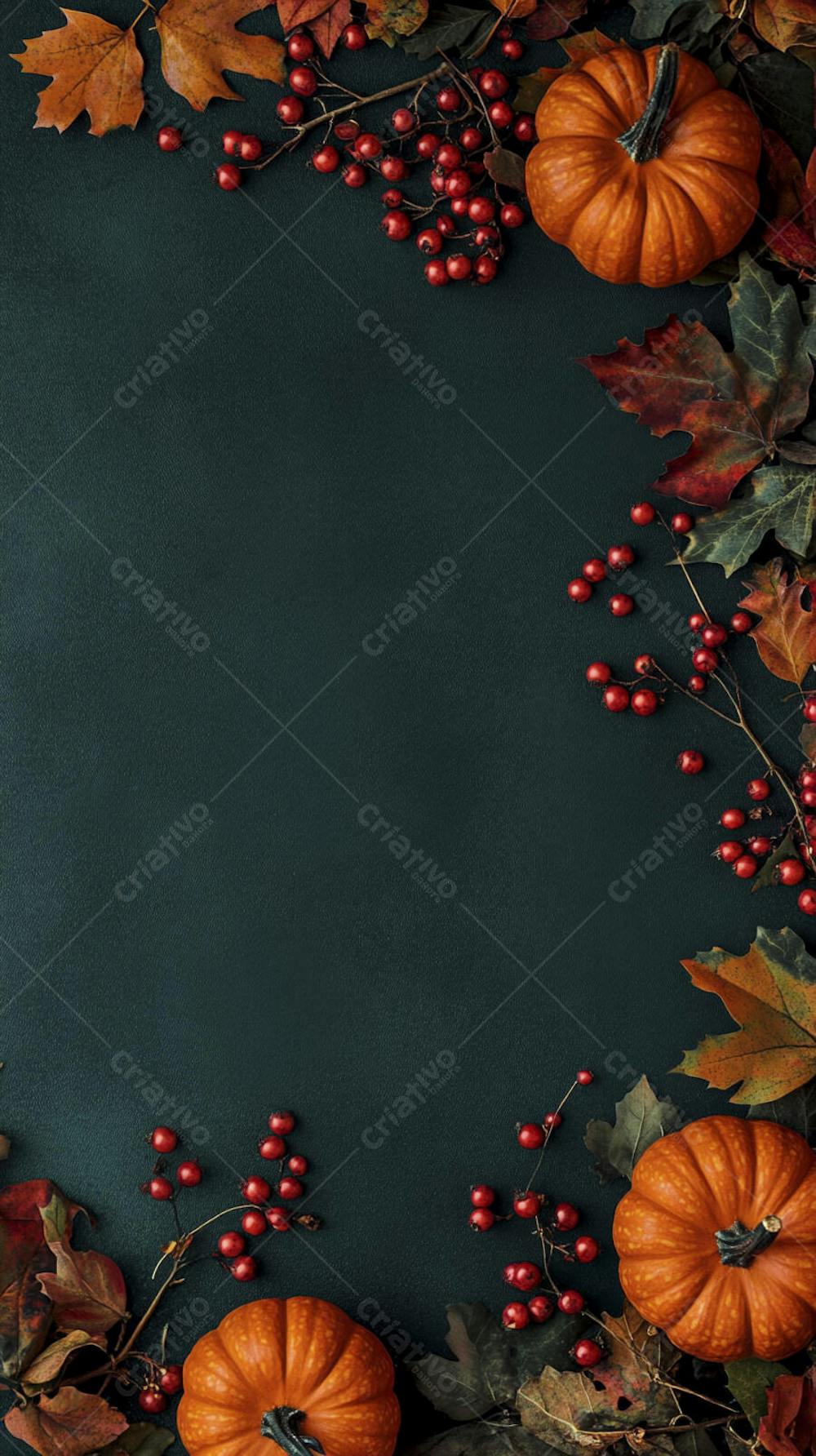 Decoração Outonal com Abóboras, Folhagens e Bagas Vermelhas sobre Fundo Verde com Copy Space