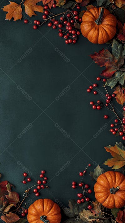 Decoração Outonal com Abóboras, Folhagens e Bagas Vermelhas sobre Fundo Verde com Copy Space
