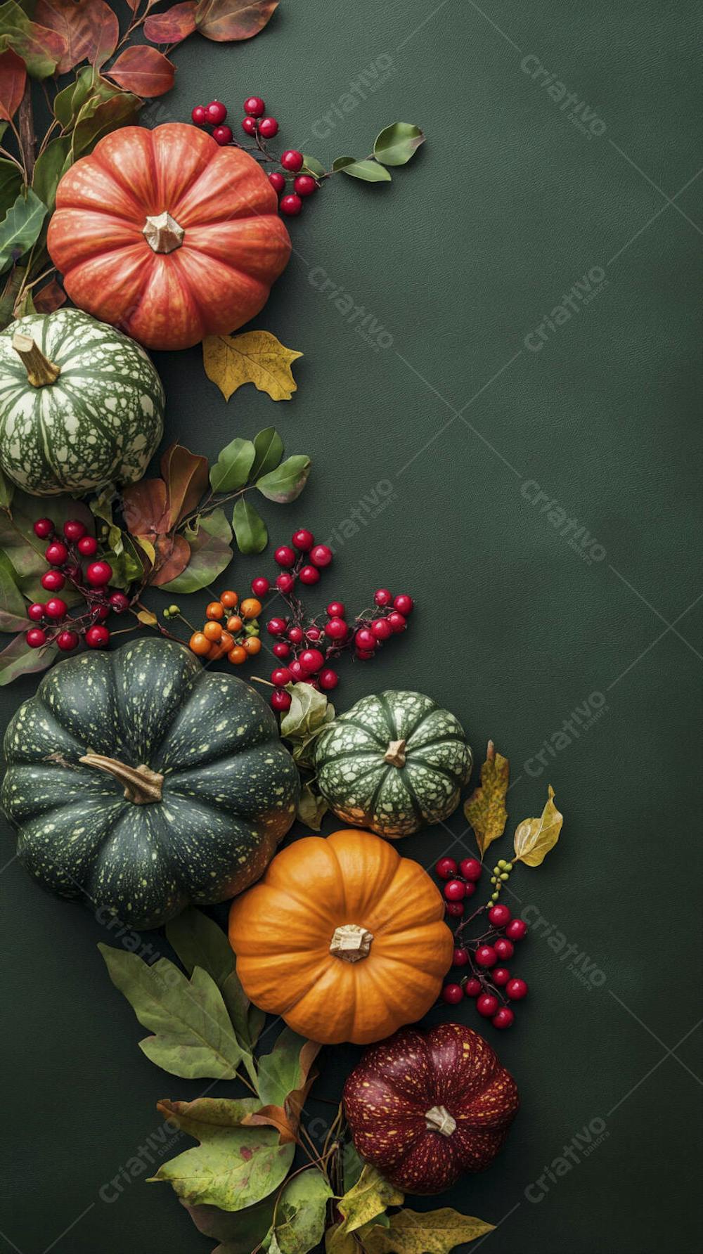 Decoração Outonal com Abóboras, Folhagens e Bagas Vermelhas sobre Fundo Verde com Copy Space