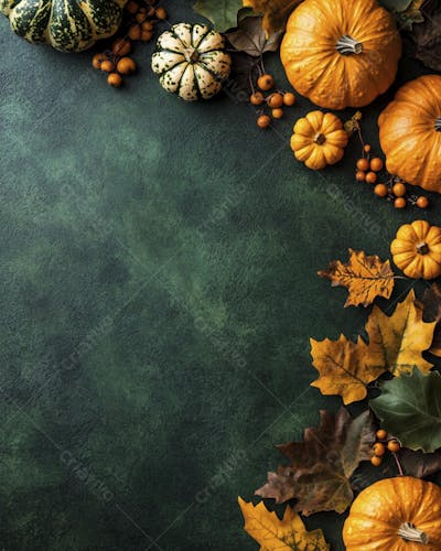 Decoração Outonal com Abóboras, Folhagens e Bagas Vermelhas sobre Fundo Verde com Copy Space