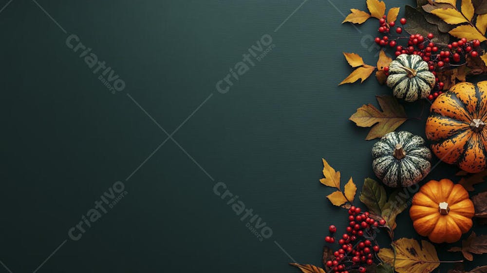 Decoração Outonal com Abóboras, Folhagens e Bagas Vermelhas sobre Fundo Verde com Copy Space