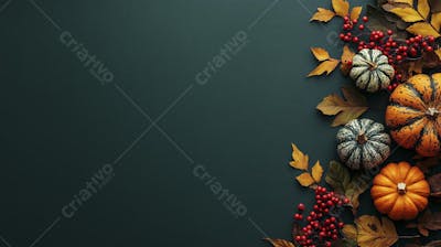 Decoração Outonal com Abóboras, Folhagens e Bagas Vermelhas sobre Fundo Verde com Copy Space