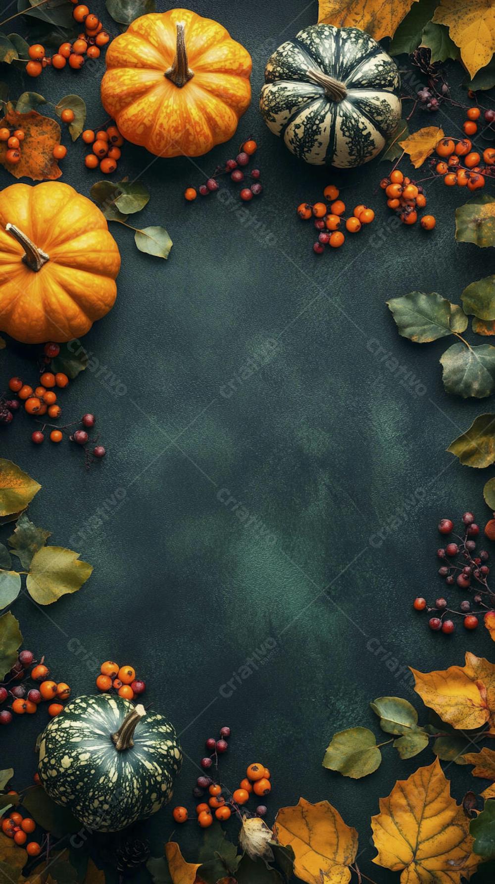 Decoração Outonal com Abóboras, Folhagens e Bagas Vermelhas sobre Fundo Verde com Copy Space