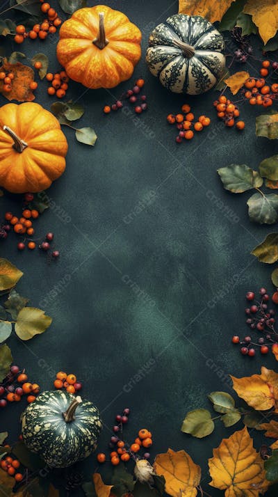 Decoração Outonal com Abóboras, Folhagens e Bagas Vermelhas sobre Fundo Verde com Copy Space