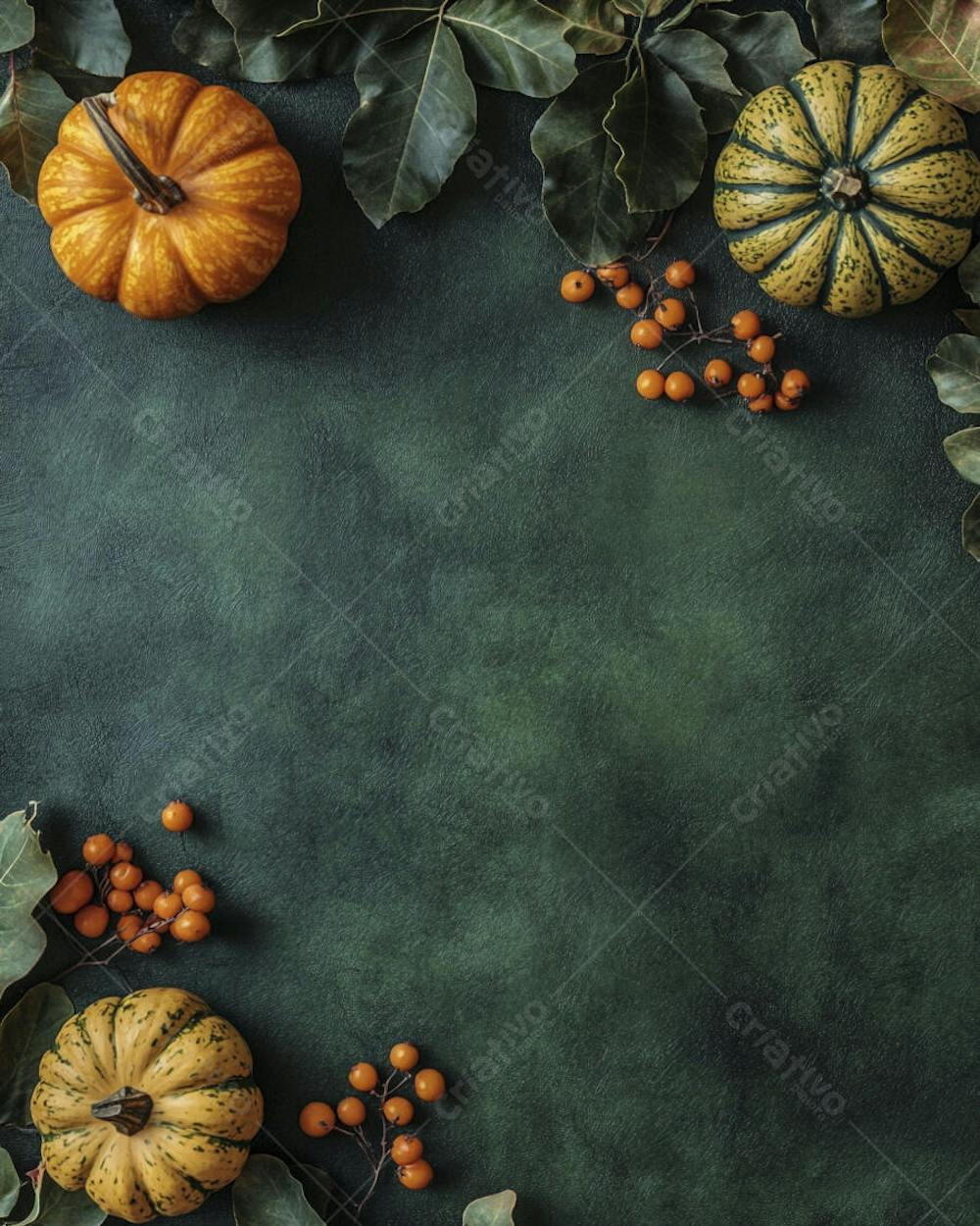 Decoração Outonal com Abóboras, Folhagens e Bagas Vermelhas sobre Fundo Verde com Copy Space