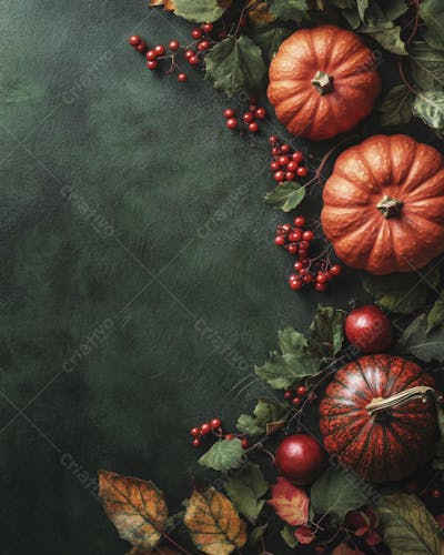 Decoração Outonal com Abóboras, Folhagens e Bagas Vermelhas sobre Fundo Verde com Copy Space