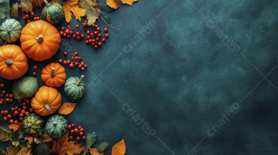 Decoração Outonal com Abóboras, Folhagens e Bagas Vermelhas sobre Fundo Verde com Copy Space