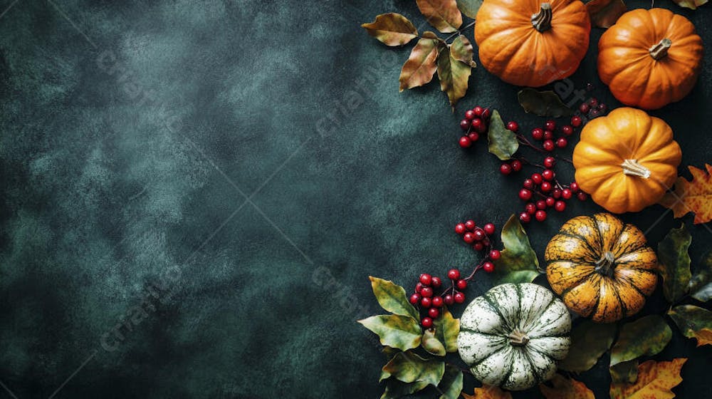 Decoração Outonal com Abóboras, Folhagens e Bagas Vermelhas sobre Fundo Verde com Copy Space